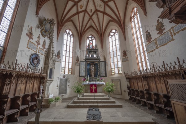 Church interior with Renaissance high altar from 1611 with the crescent moon Madonna, Gothic St Mary's Church, Kalbensteinberg, Middle Franconia, Bavaria, Germany, Europe