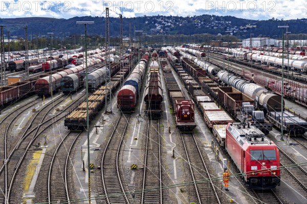 The Hagen-Vorhalle marshalling yard, one of the 9 largest in Germany, is located on the Wuppertal-Dortmund railway line and has 40 directional tracks on which goods trains are assembled, North Rhine-Westphalia, Germany, Europe