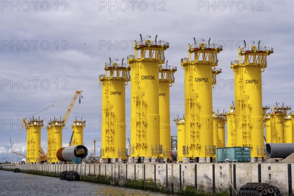 SIF Offshore Foundaitons, production of foundations, monopiles, for offshore wind turbines, the wind turbines are assembled on these pipes, which are installed in the seabed at a depth of up to 60 metres, production plant in the seaport of Rotterdam, Maasvlakte, Rotterdam Netherlands