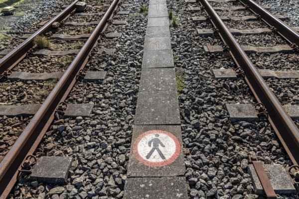 Island railway track, no trespassing sign, passage prohibited, North Sea island of Borkum, Lower Saxony, Germany, Europe