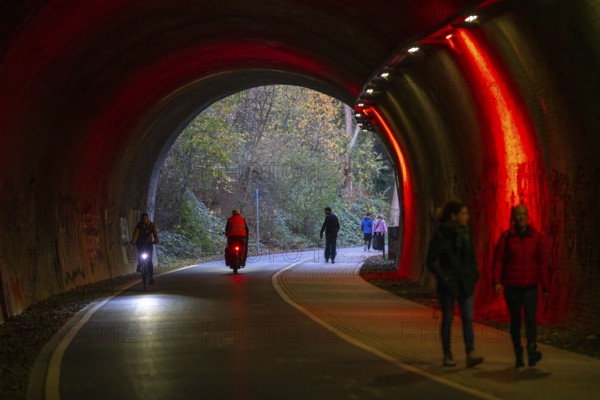 The Nordbahntrasse, a cycle path, footpath, on a former 22 KM long railway line, along the west-east axis of Wuppertal, on the northern slope, with many tunnels, viaducts and views of the city, tunnel passage, Wuppertal, North Rhine-Westphalia, Germany, Europe
