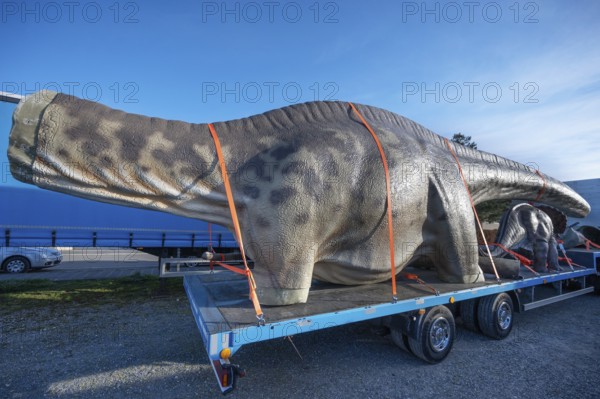 Large dinosaur figure loaded in parts on a heavy goods vehicle, Lauf an der Pegnitz, Middle Franconia, Bavaria, Germany, Europe