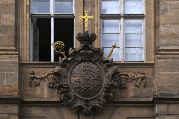 Coat of arms of Prince-Bishop Friedrich Carl von Schönborn, 1674-1746, New Town Hall, Bamberg, Upper Franconia, Bavaria, Germany, Europe