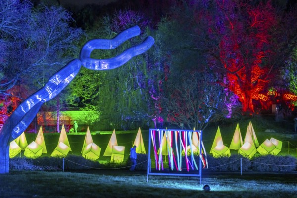 Parkleuchten, event in winter, in the Grugapark in Essen, many different light installations, across the park, attract many thousands of visitors, North Rhine-Westphalia, Germany, Europe