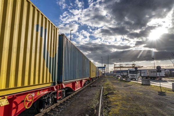Containers arrive by train at the Logport, DIT, Duisburg Intermodal Terminal, part of the new Silk Road, from China to Duisburg-Rheinhausen, North Rhine-Westphalia, Germany, Europe