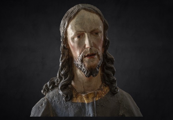 Palmesel wooden figure around 1880, Christ detail, on dark background, Dominican convent Wettenhausen, Swabia, Bavaria, Germany, Europe