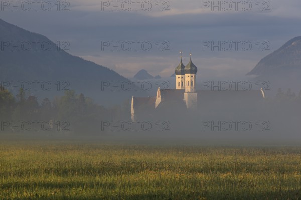 Monastery, church towers, fog, morning light, mountains, spring, Benediktbeuern Monastery, Alpine foothills, Bavaria, Germany, Europe