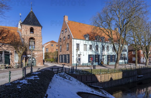 The village of Greetsiel, municipality of Krummhörn, historic Greetsiel church, Protestant Reformed Church, Siel, Hohes Haus Restaurant and Hotel, East Frisia, Lower Saxony, Germany, Europe