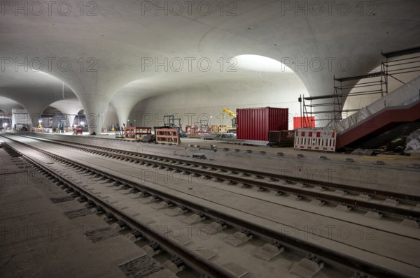 Tracks, track bed on concrete, chalice supports in the cathedral, construction site, construction material, Stuttgart 21 underground railway project, main station, Stuttgart, Baden-Württemberg, Germany, Europe