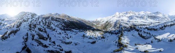 Zufallhütte in Val Martello, Alpine panorama, Aerial view, Snow-covered mountain landscape, Ortler group, Trento, Italy, Europe