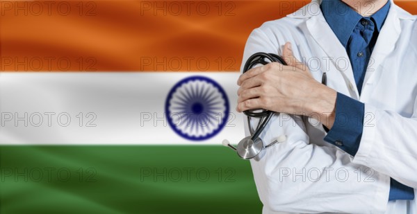 Doctor with stethoscope on India flag. Doctor holding stethoscope on India flag
