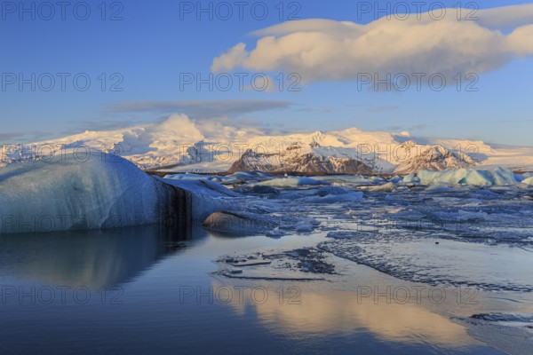 Ice floes in sea in front of glacier and mountains, morning light, Jökulsarlon, Vatnajökull, Iceland, Europe