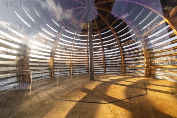 Interior view of a wooden sphere structure with incidence of light and shadow, translucent wood, forestry sphere from Landesgartenschau 2012, Nagold, Black Forest, Germany, Europe