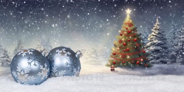 Christmas card for Christmas with Christmas baubles card and text free space Copyspace decoration in winter Christmas tree snow panorama in Stuttgart, Germany, Europe