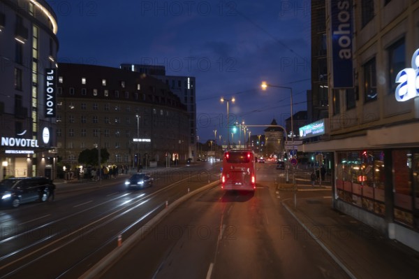 Night-time drive into the city centre of Nuremberg, Middle Franconia, Bavaria, Germany, Europe