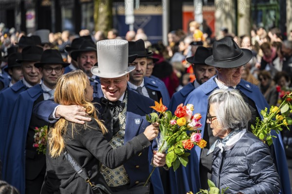 Bouquets of flowers during the procession of the historically costumed guildsmen, Sechseläuten or Sächsilüüte, Zurich Spring Festival, Zurich, Switzerland, Europe