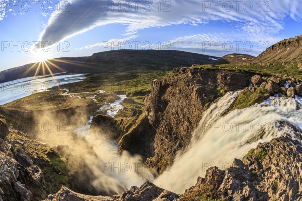 Waterfall, midnight sun, sun star, cloudy mood, mountains, coast, fisheye perspective, Dynjandi, Westfjords, Iceland, Europe