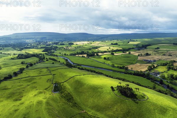 Farms and Fields over Yorkshire Dales National Park from a dron, North Yorkshire, England, United Kingdom, Europe