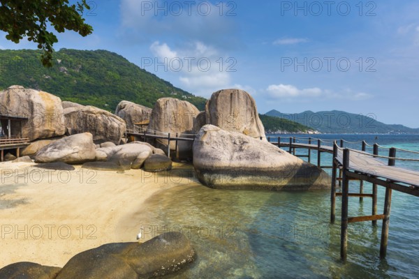 Wooden jetty with granite rocks at the entrance area of Nang Yuan Island, island, holiday island, tropical, tropics, holiday paradise, landscape, bathing holiday, bathing beach, dream holiday, exotic, coastal landscape, Asian, natural landscape, rock, natural paradise, sight, beautiful, natural, paradise, seascape, summer, beautiful weather, climate, nature, coastline, ocean, sea, water, turquoise, beach holiday, Koh Tao, Thailand, Asia