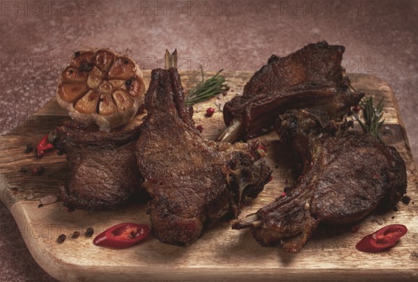 Fried veal ribs, with spices, baked in the oven, homemade, no people