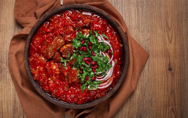 Chashushuli, a traditional Georgian dish, spicy, stewed meat with tomatoes and spices, homemade, no people
