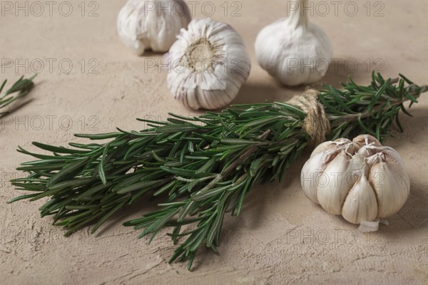 Fresh bunch of rosemary with garlic, on a beige background, food concept