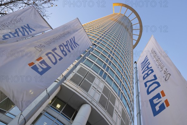 The light of the afternoon sun falls on the side of the DZ Bank headquarters in Frankfurt am Main. Frankfurt am Main, Hesse, Germany, Europe