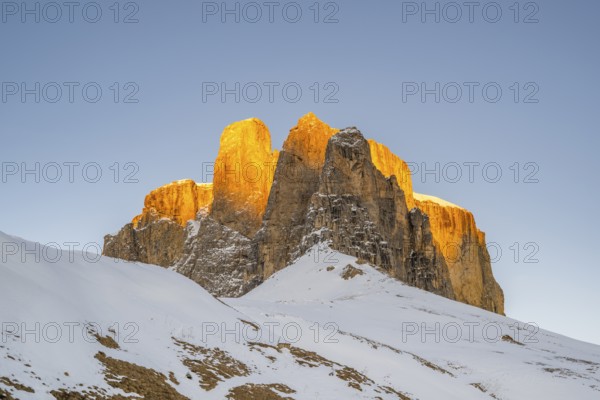 Beautiful landscape of the Mountain silhouettes of the Sexten Dolomites on a sunny winter day, South Tyrol, Trentino-South Tyrol, Alto-Adige, Italy, Europe