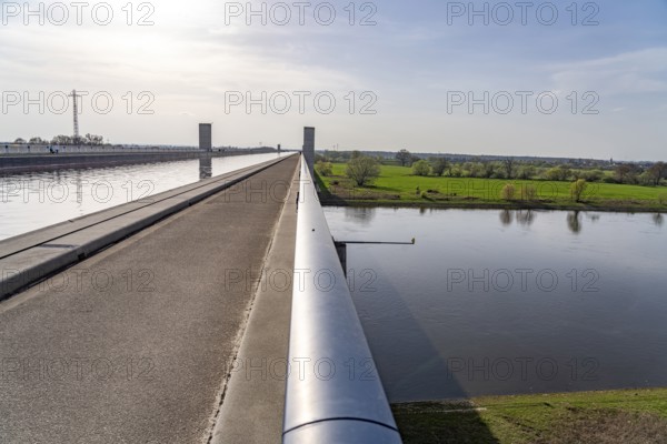 The Magdeburg Canal Bridge carries the Mittelland Canal over the River Elbe near Magdeburg, Saxony-Anhalt, Germany, Europe