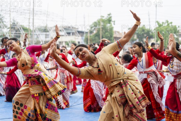 Participants with instructors dance in a Bihu dance workshop ahead of Rongali Bihu Festival, in Guwahati, India on 6 April 2025