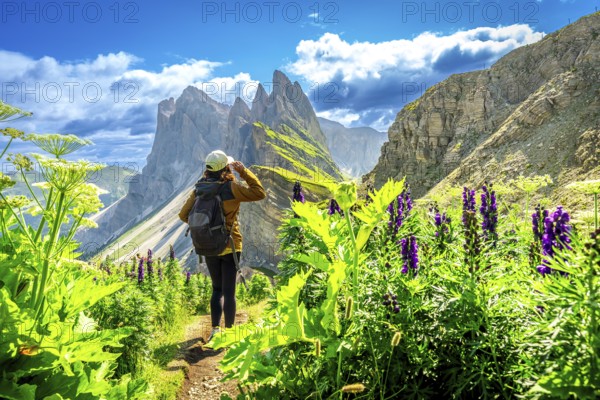 Female hiker enjoying the breathtaking view of the odle mountains on seceda during a sunny summer day, italian alps