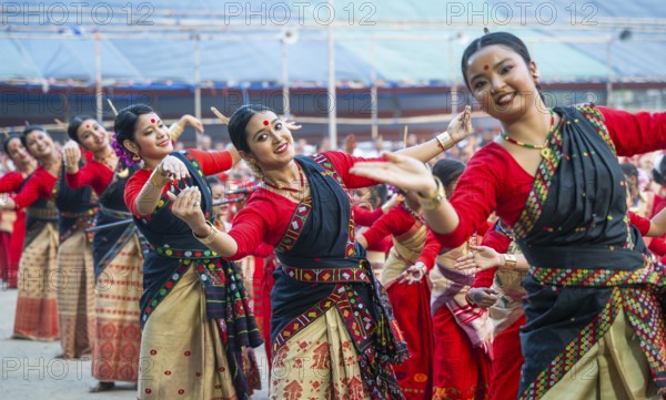 Participants with instructors dance on the final day of a Bihu dance workshop ahead of Rongali Bihu Festival, in Guwahati, Assam, India on 12 April 2025