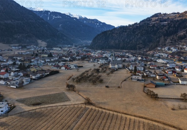 Drone shot, view of village with parish church, Prutz, Kaunertal, Inntal, Tyrol, Austria, Europe