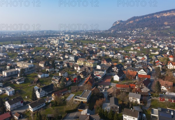 Drone image, residential buildings, residential area, town view, Wolfurt, Rhine Valley, Vorarlberg, Austria, Europe