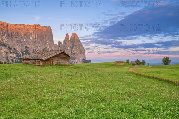Alpine hut on the Seiser Alm, summit glow, sunrise, Schlern, Dolomites, South Tyrol, Italy, Europe
