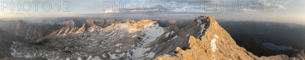Sunrise, Alpine panorama, aerial view, Zugspitze and Zugspitzplatt with glacier, high mountains, Bavaria, Germany, Europe