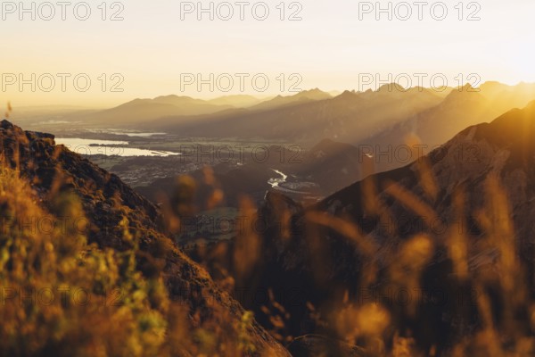 View from the Aggenstein and the foothills of the Alps in Ostallgäu and the Ammergebirge at sunrise, Bavaria, Germany, Europe