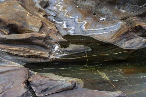 Rocks, rock structures, Verzasca River, near Lavertezzo, Verzasca Valley, Valle Verzasca, Canton Ticino, Switzerland, Europe
