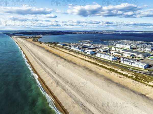 Chesil Beach from a drone, West Bay to Portland, Jurassic Coast, Dorset, England, United Kingdom, Europe