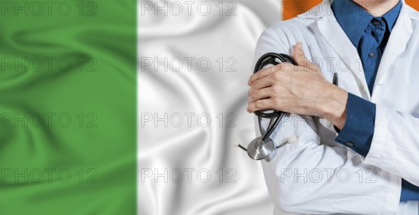 Doctor with stethoscope on Ireland flag. Doctor holding stethoscope on Ireland flag
