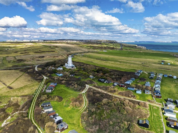 Portland Bird Observatory from a drone, Bill Lighthouse, Portland Bill, Isle of Portland, Dorset, England, United Kingdom, Europe