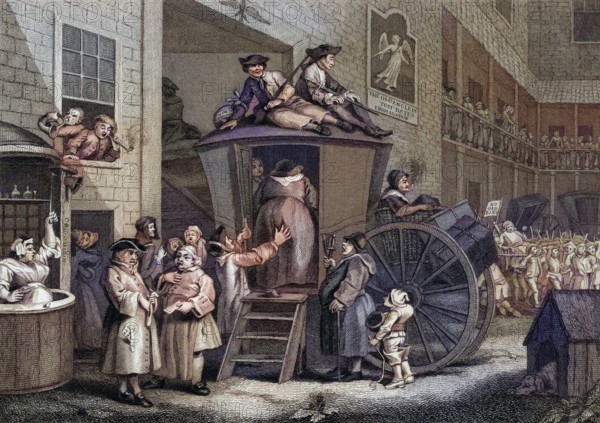 Country Inn Yard Engraved by T Engleheart after Hogarth from The Works of Hogarth published London 1833, Historic, digitally restored reproduction from a 19th century original, Record date not stated