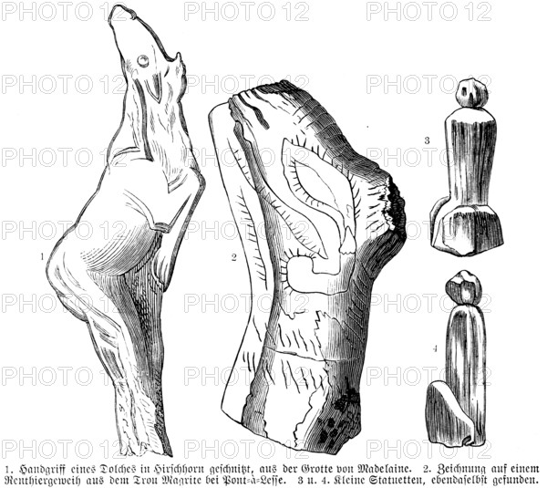 Handle of a dagger from the Grotte de la Madeleine and decorations of reindeer antlers and small statuettes, cave near Pont á Lesse, craft, art, drawing, carving, archaeology, history of prehistoric mankind, France, historical illustration 1880, Europe