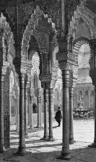 Court of the Lions with the Lion Fountain in the Alhambra of Granada, Andalusia, portico, oriental ornamentation, geography, Spain, historical illustration 1888, Europe