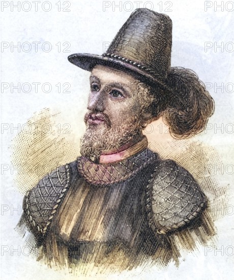 Juan Ponce De Leon (1460-1521) Spanish soldier and official who sailed with Columbus on his second voyage, commissioned by the Spanish government to colonise Puerto Rico, discovered Florida in April 1513, Historic, digitally restored reproduction from a 19th century original, Record date not stated