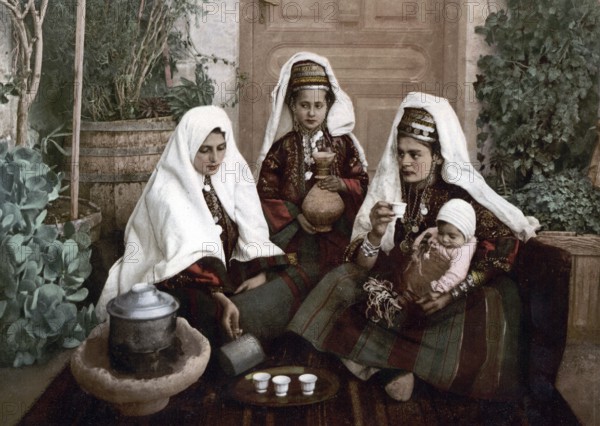 Group of woman from Bethlehem, Holy Land, today West Bank, Historical, digitally restored reproduction from a 19th century original, Record date not stated