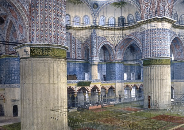 Mosque of Sultan Ahmet I, Interior, Constantinople, Turkey, Historical, digitally restored reproduction from a 19th century original, Record date not stated, Asia