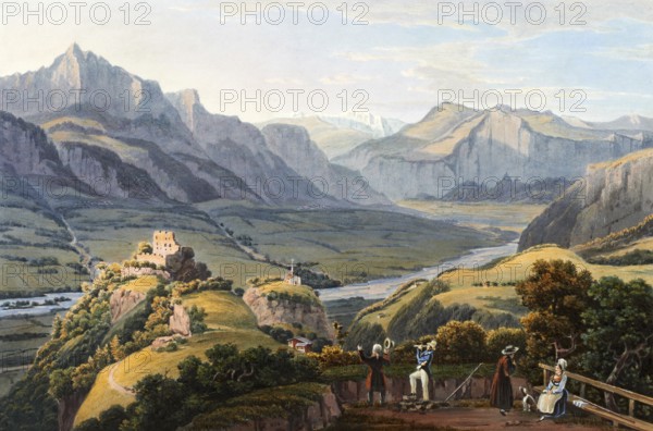 View of Mount Tabor, taken from Pfeffers Monastery in the direction of Pretigau, Canton of St. Gallen, Switzerland, view from around 1830, digitally restored reproduction of a 19th century model by Johann Ludwig Bleuler (12 February 1792 - 28 March 1850), Swiss draughtsman and painter, Europe