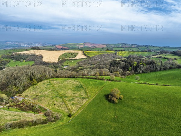 Farms and Fields over Newton Abbot from a drone, Devon, England, United Kingdom, Europe