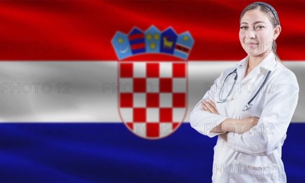 Female doctor on Croatian flag. Doctor with crossed arms on Croatian flag. Croatia health and care concept